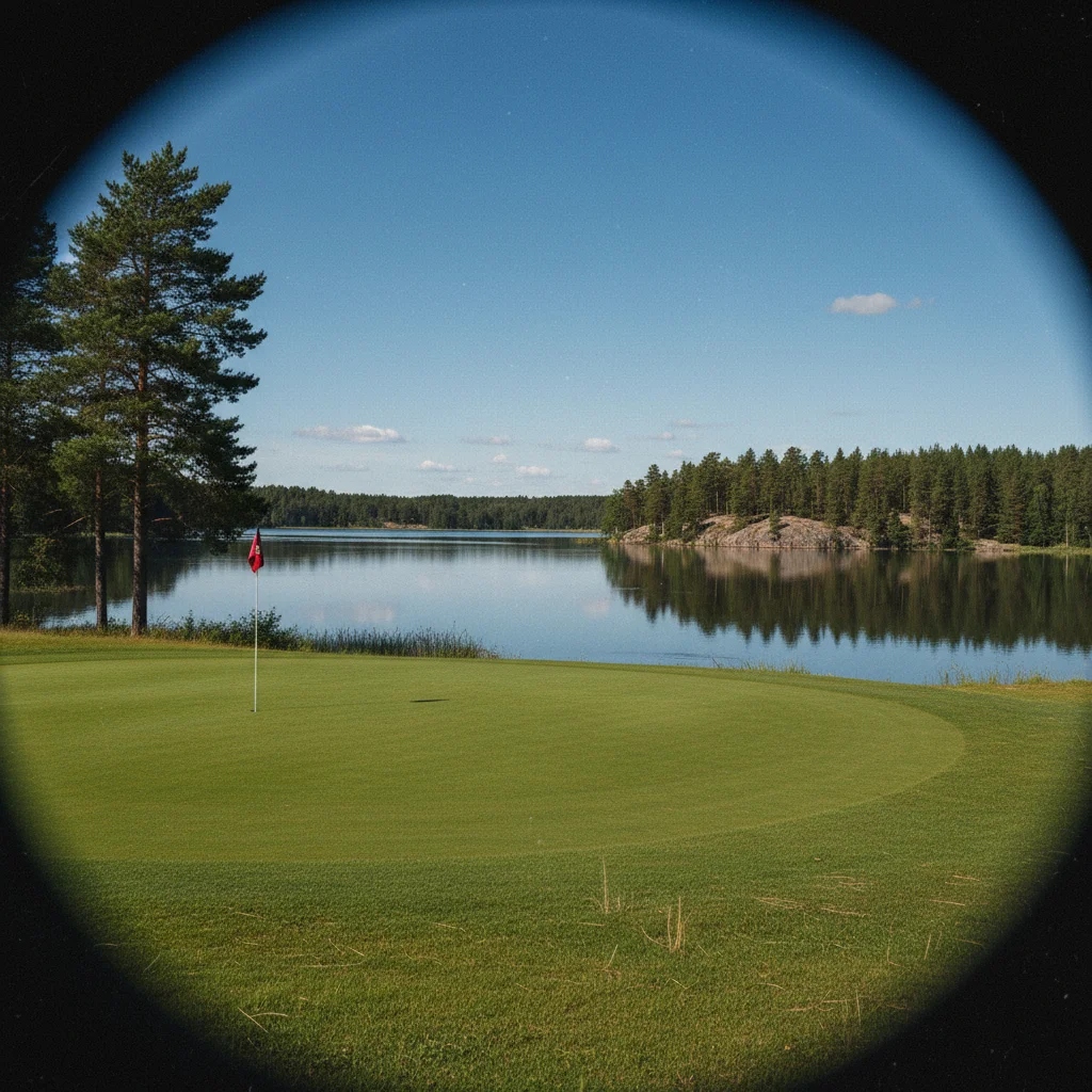 Golfplatz-Loch an einem schwedischen See mit Spiegelung im ruhigen Wasser