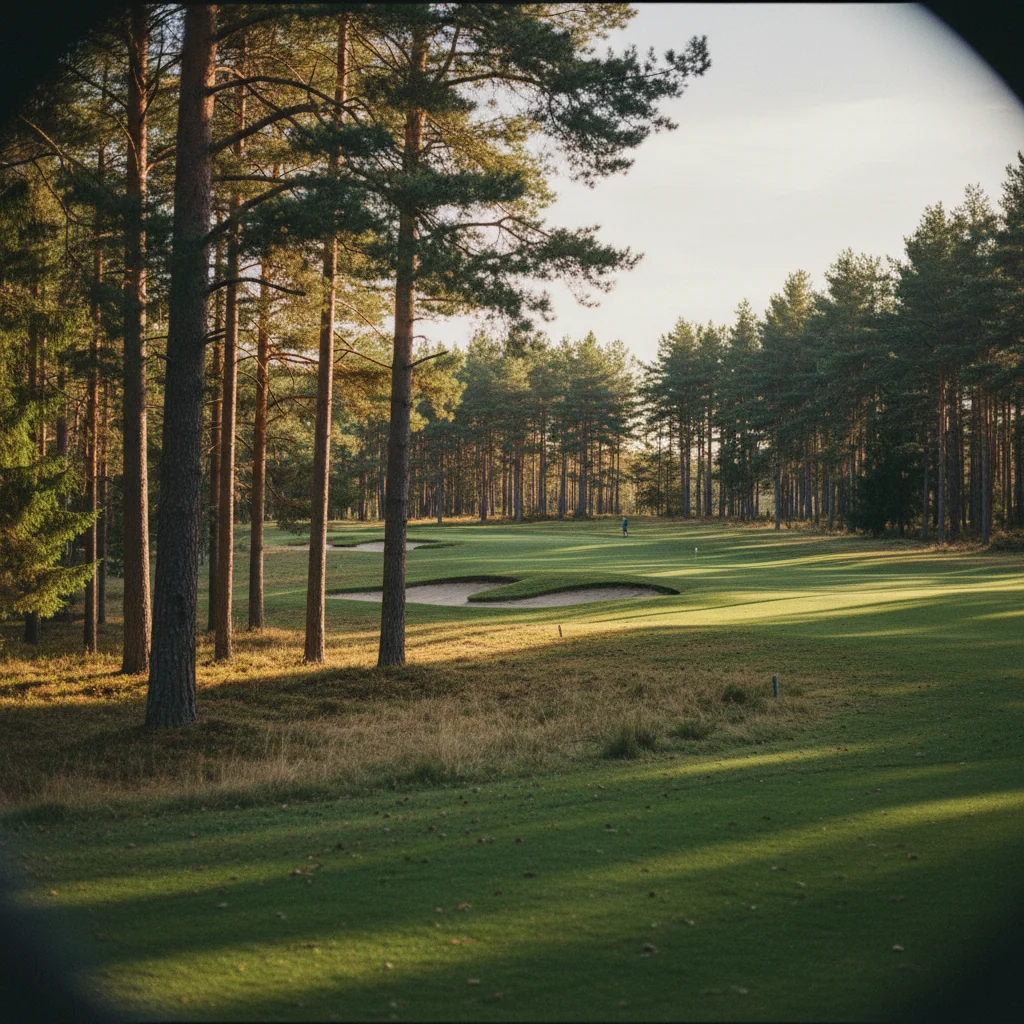 Schwedischer Golfplatz eingebettet in einen Kiefernwald mit Sonnenlicht zwischen den Bäumen