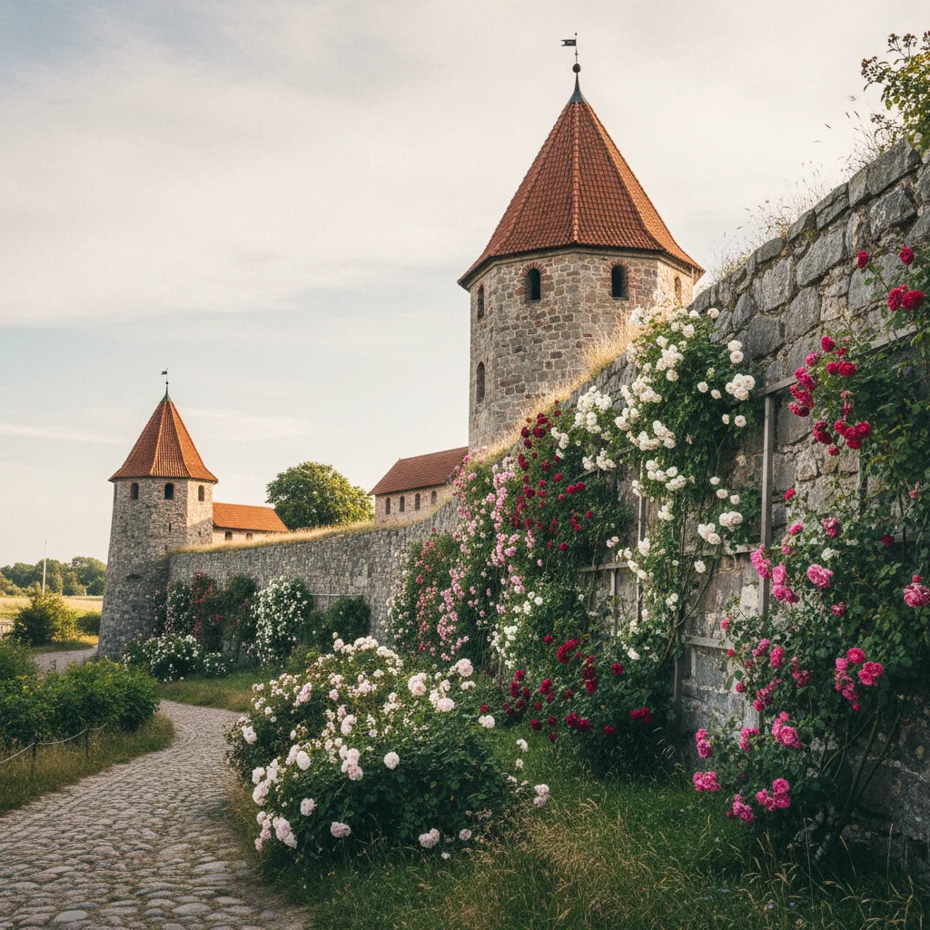 Die mittelalterliche Stadtmauer von Visby auf Gotland mit Türmen und Rosengärten