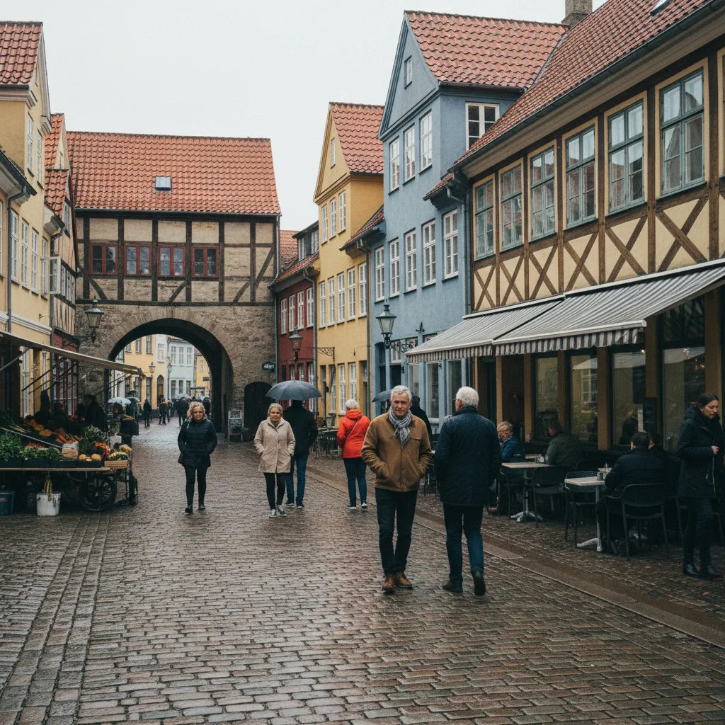 Historische Altstadt von Grenaa mit Fachwerkhäusern und dem Marktplatz Torvet