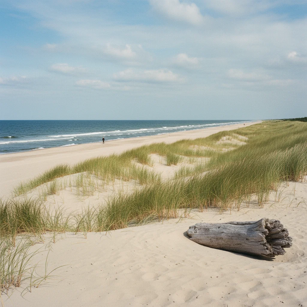 Breiter Sandstrand von Grenaa an der Kattegatküste mit Dünen und blauem Wasser