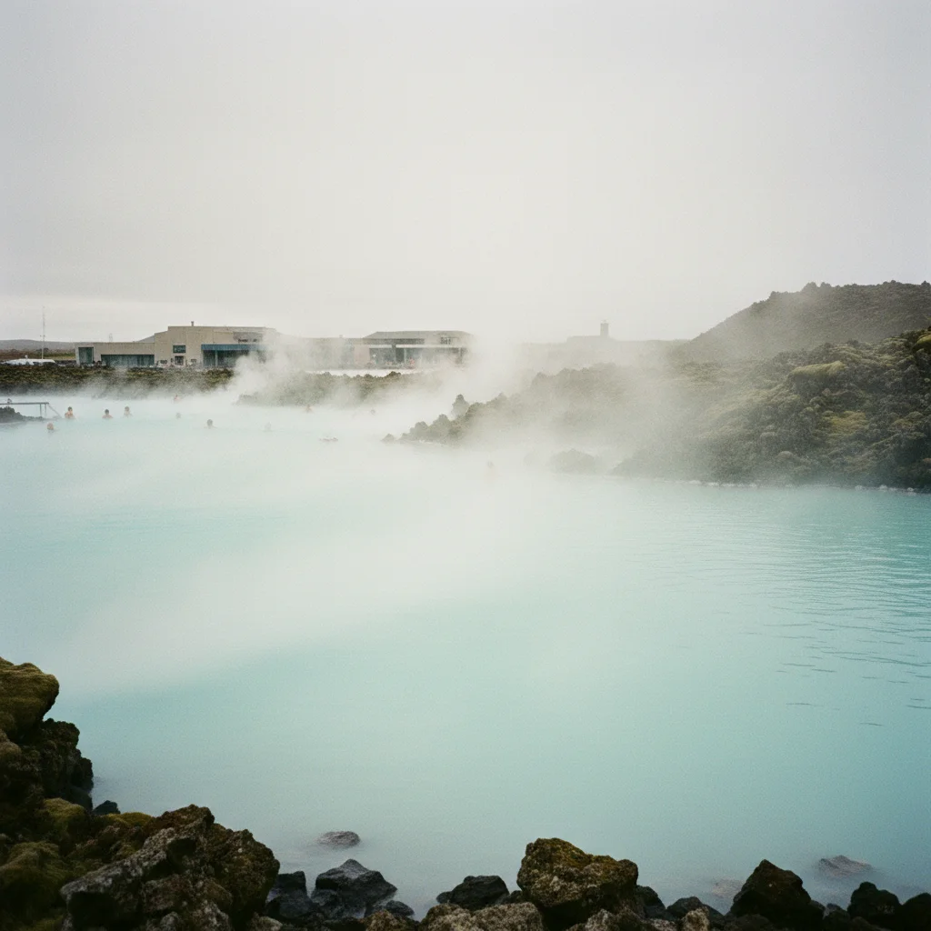 Die Blaue Lagune bei Grindavík mit türkisfarbenem Wasser und aufsteigendem Dampf