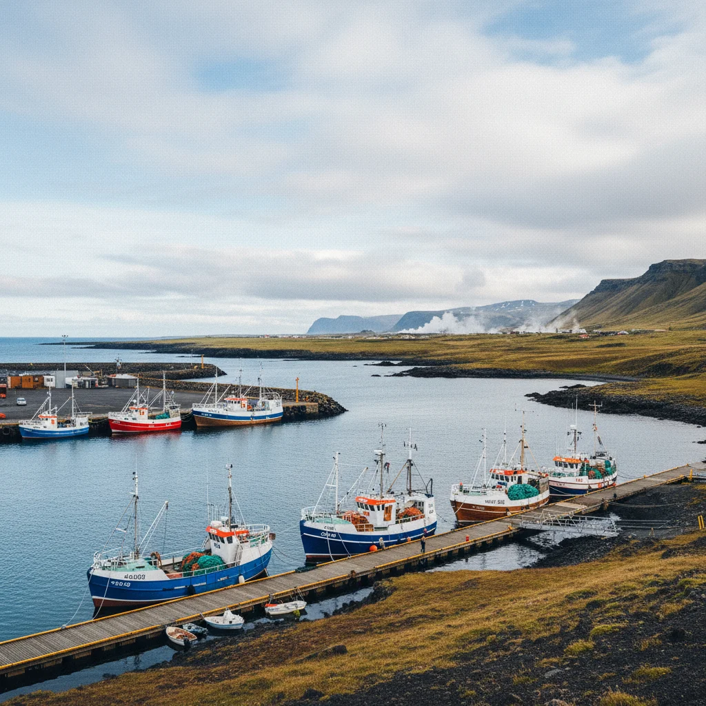 Der Fischereihafen von Grindavík mit Booten und der Küste der Reykjanes-Halbinsel
