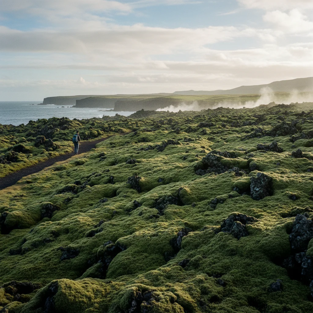 Erstarrtes Lavafeld auf der Reykjanes-Halbinsel bei Grindavík mit Moosbewuchs