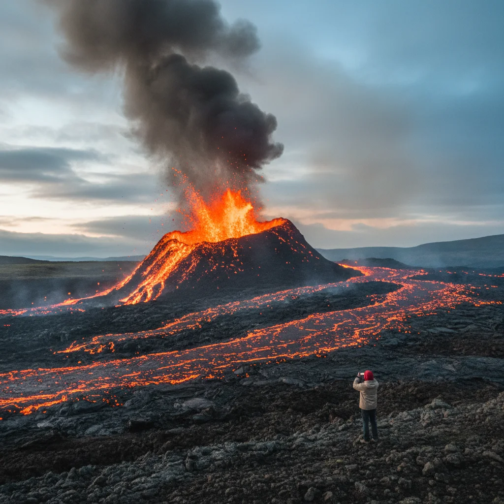 Vulkanausbruch auf der Reykjanes-Halbinsel nahe Grindavík mit Lavafluss und Rauch