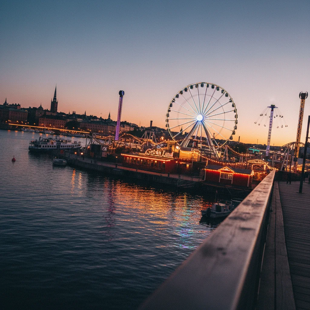 Gröna Lund in Stockholm bei Abendbeleuchtung mit Blick auf das Wasser
