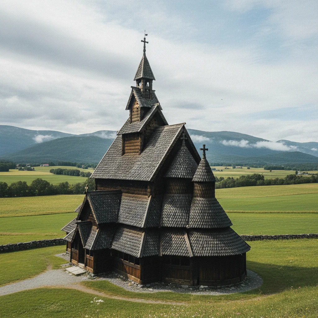Stabkirche im Gudbrandsdal mit dunklem Holz