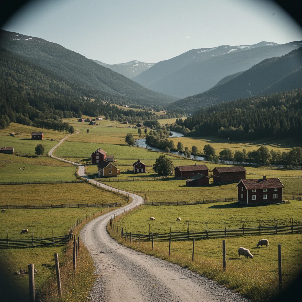 Blick über das Gudbrandsdal mit dem Fluss Lågen und Bergen