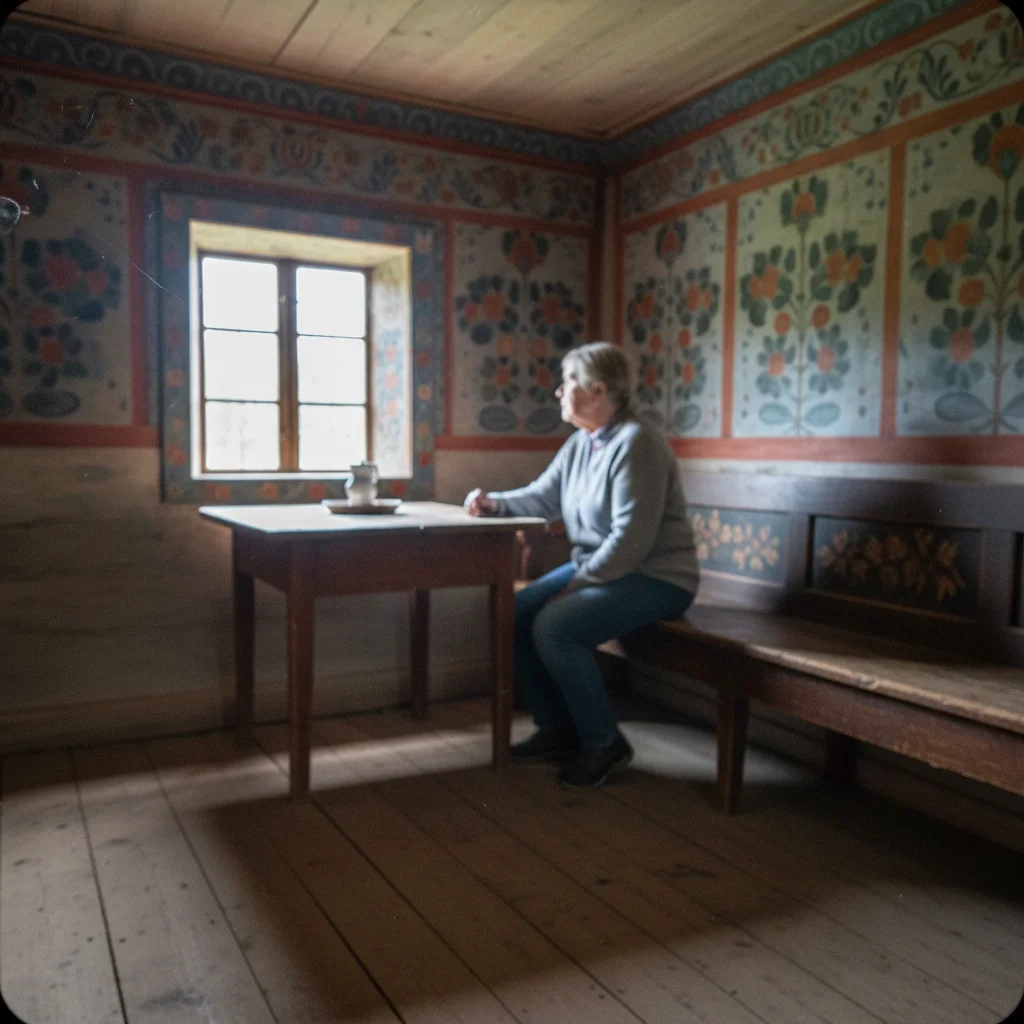 Traditioneller UNESCO-Bauernhof in Hälsingland mit rotem Holzhaus und weißen Fensterrahmen in grüner Landschaft