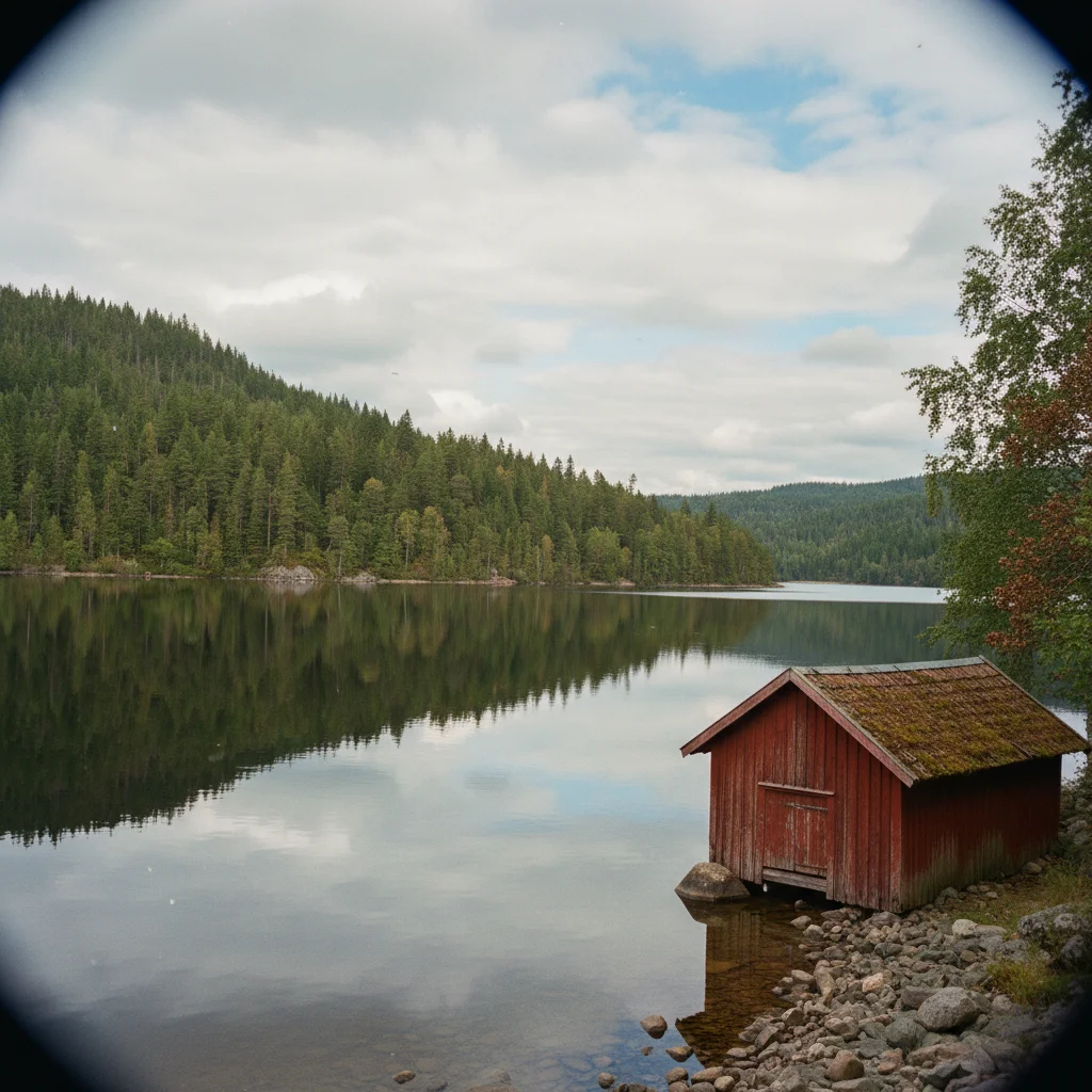 Die Dellen-Seen in Hälsingland bei Sonnenuntergang, ruhiges Wasser umgeben von Wald