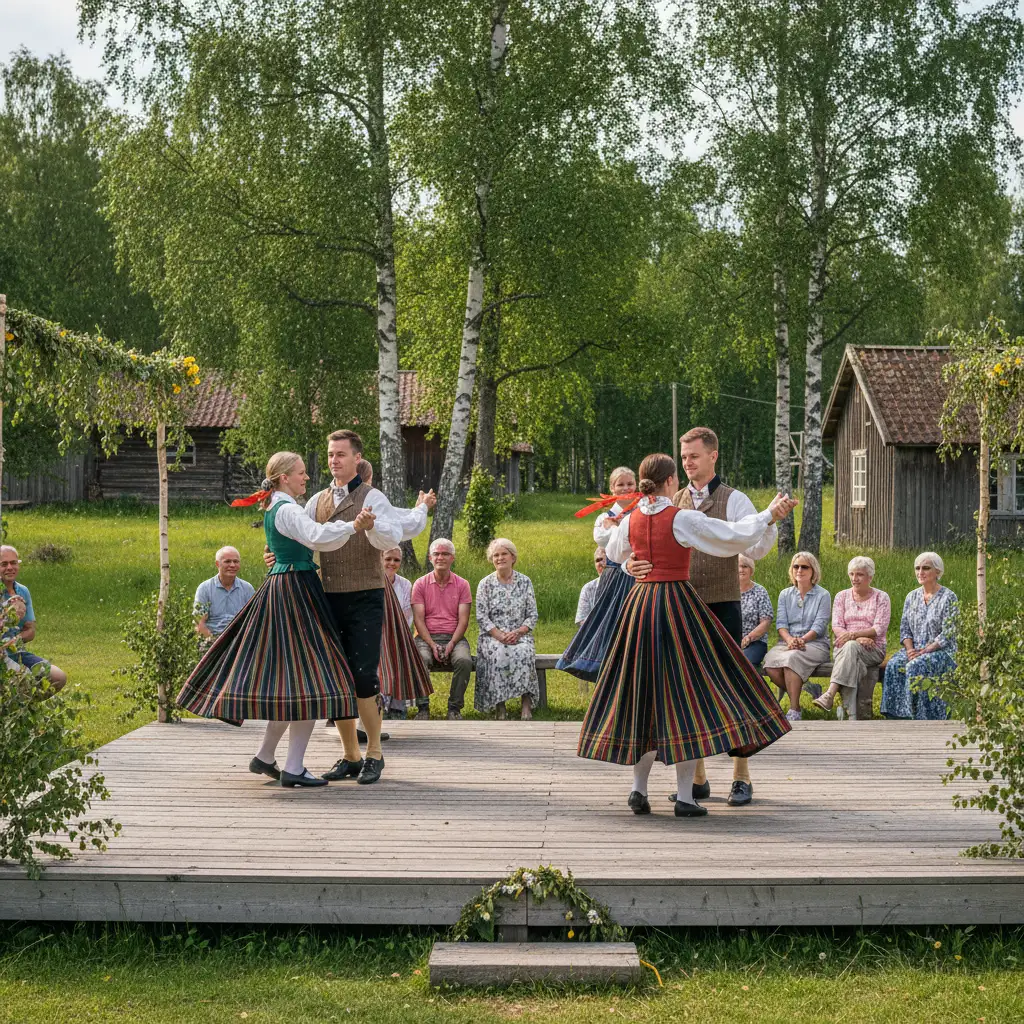 Traditioneller Hälsingehambo-Volkstanz in Hälsingland mit Tänzern in schwedischer Tracht auf einer Sommerwiese