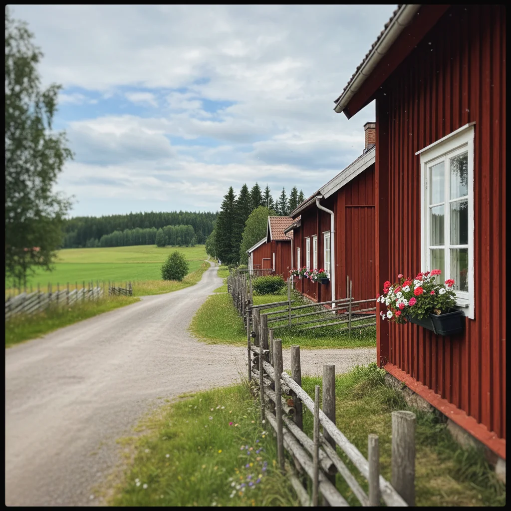 Kleines traditionelles Dorf in Hälsingland mit roten Holzhäusern und Blumengärten
