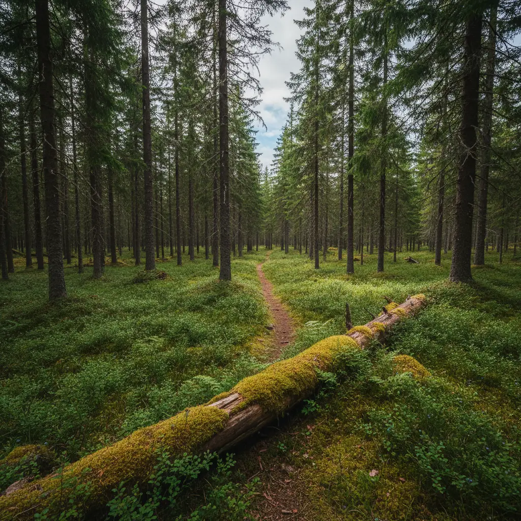 Dichter Nadelwald in Hälsingland mit moosbedecktem Boden und Sonnenstrahlen zwischen den Stämmen