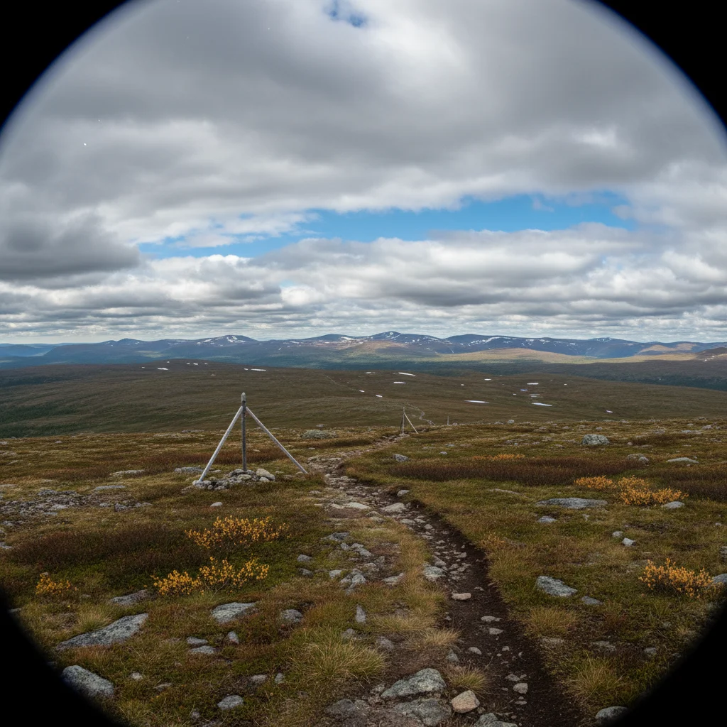 Weites Fjäll-Panorama in Härjedalen mit grasbewachsenen Hochebenen und vereinzelten Schneefeldern unter wolkenlosem Himmel