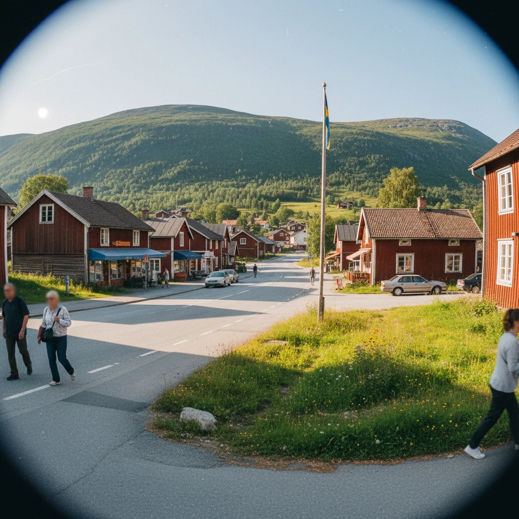 Der Ort Funäsdalen in Härjedalen mit traditionellen Holzhäusern und Bergen im Hintergrund