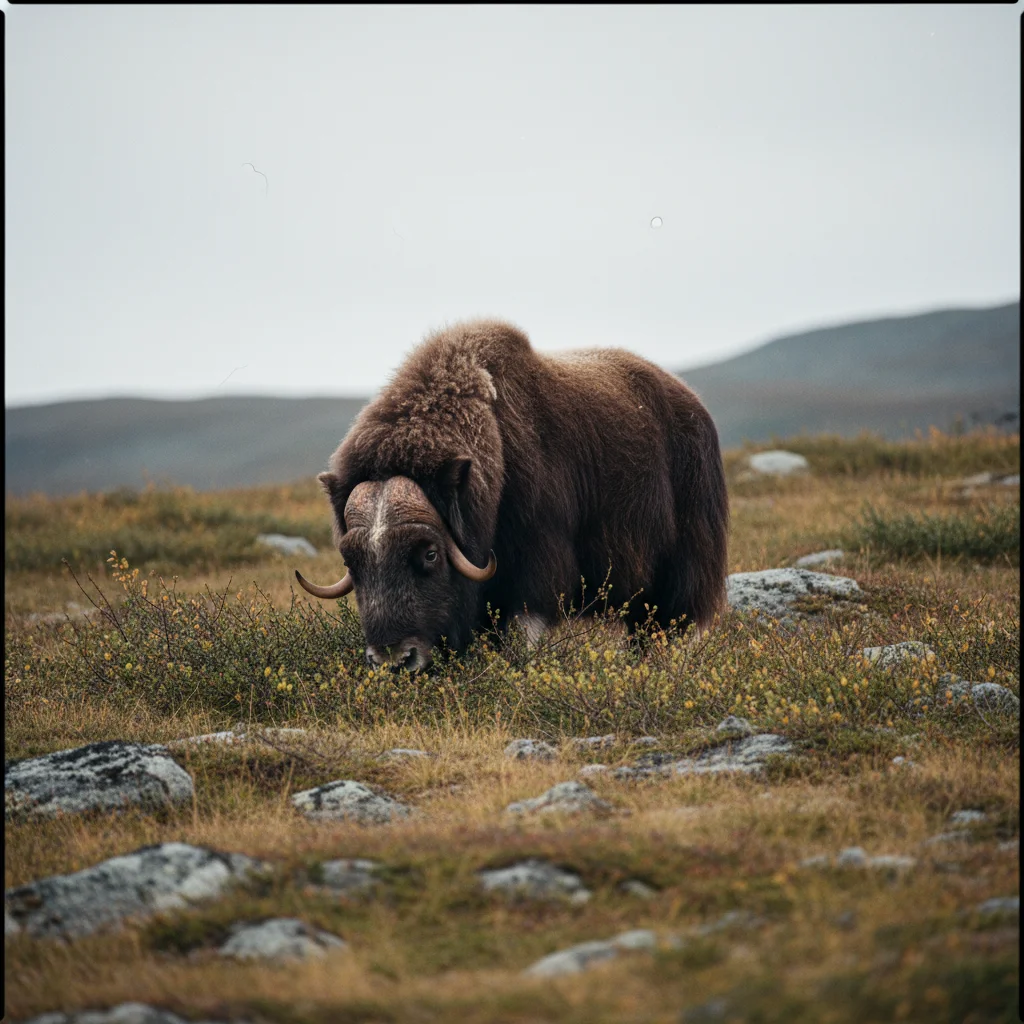 Moschusochsen im Freigehege bei Tännäs in Härjedalen, zottelige Tiere auf einer Fjällwiese
