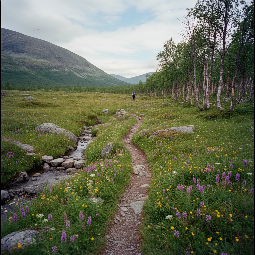 Markierter Wanderweg durch das Fjäll in Härjedalen im Sommer mit blühenden Almwiesen