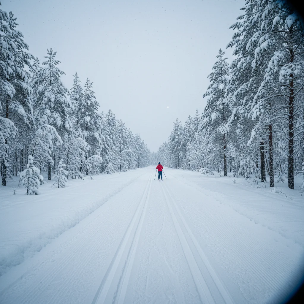 Langlaufloipe durch verschneites Fjäll in Härjedalen mit Birken und Bergen im Hintergrund