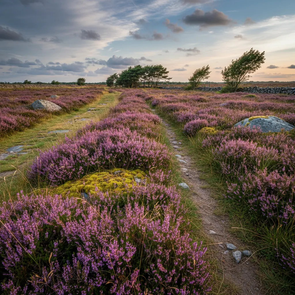 Blühende Heide entlang des Hærvejen im Spätsommer