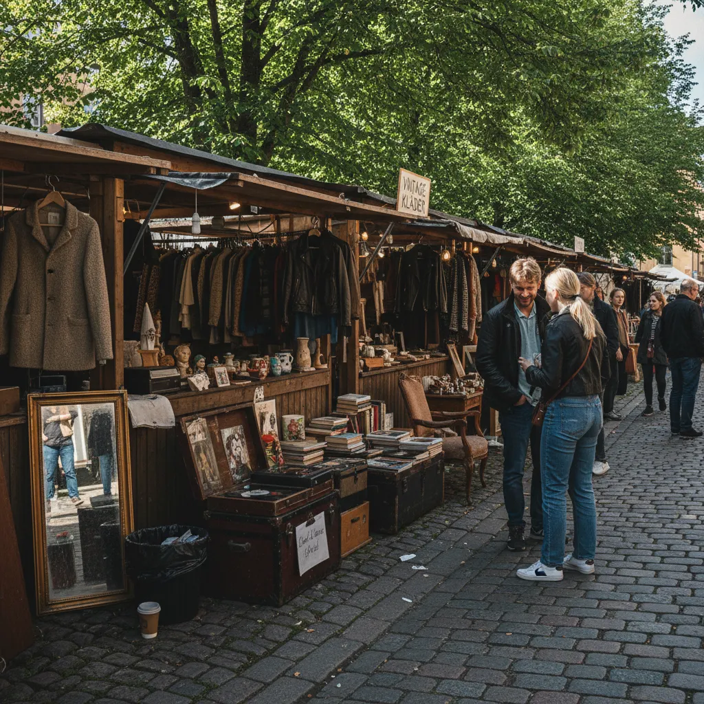 Flohmarkt in Haga Göteborg mit Ständen voller Vintage-Kleidung und Antiquitäten