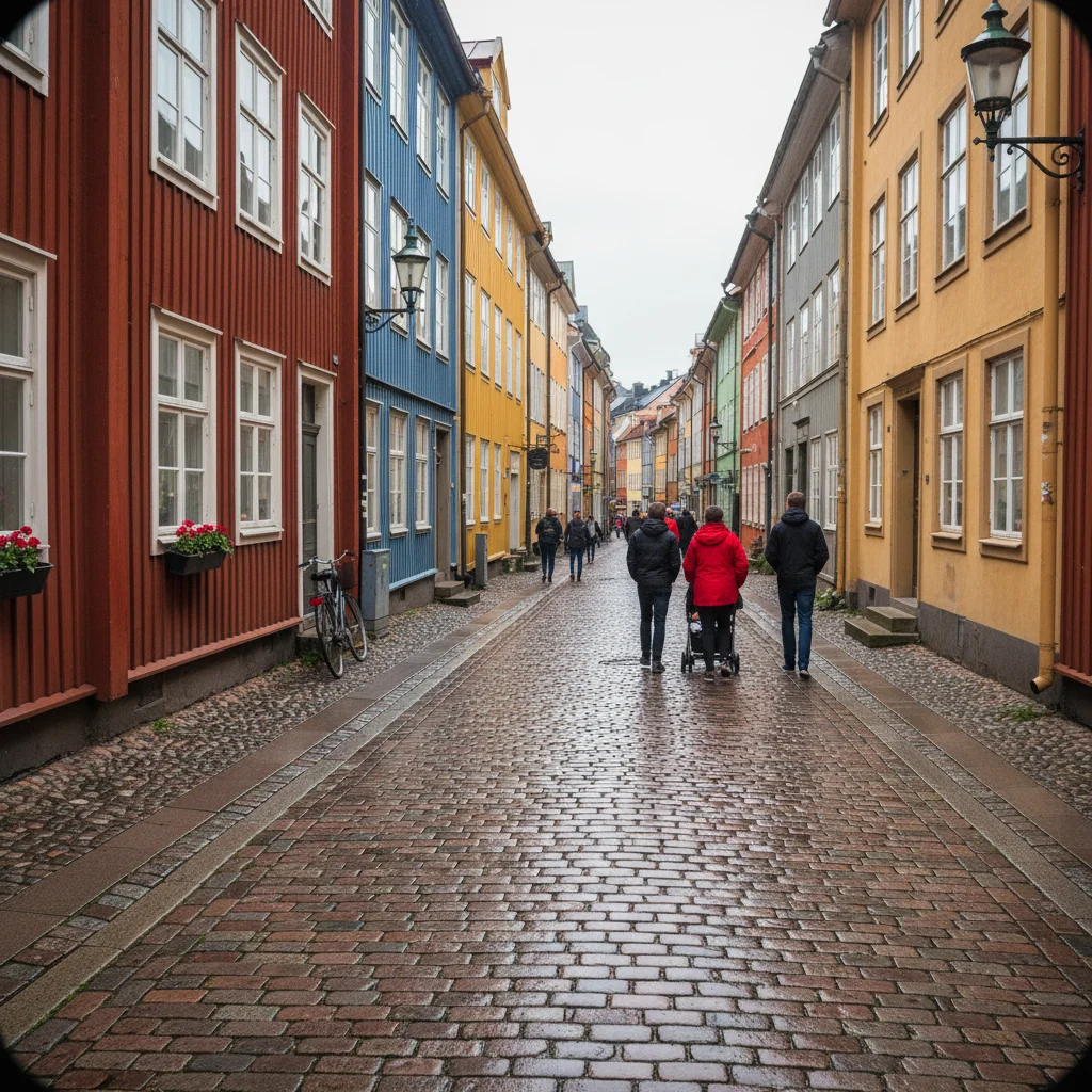 Blick durch die Haga Nygata in Göteborg mit Kopfsteinpflaster und bunten Holzhäusern