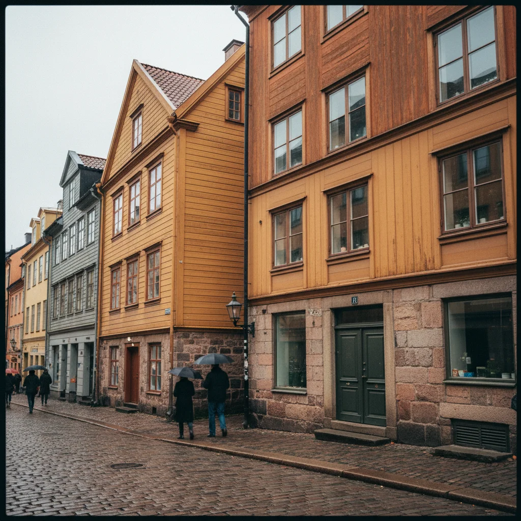 Historische Landshövdingehus in Haga mit Steinsockeln und Holzfassaden in verschiedenen Farben
