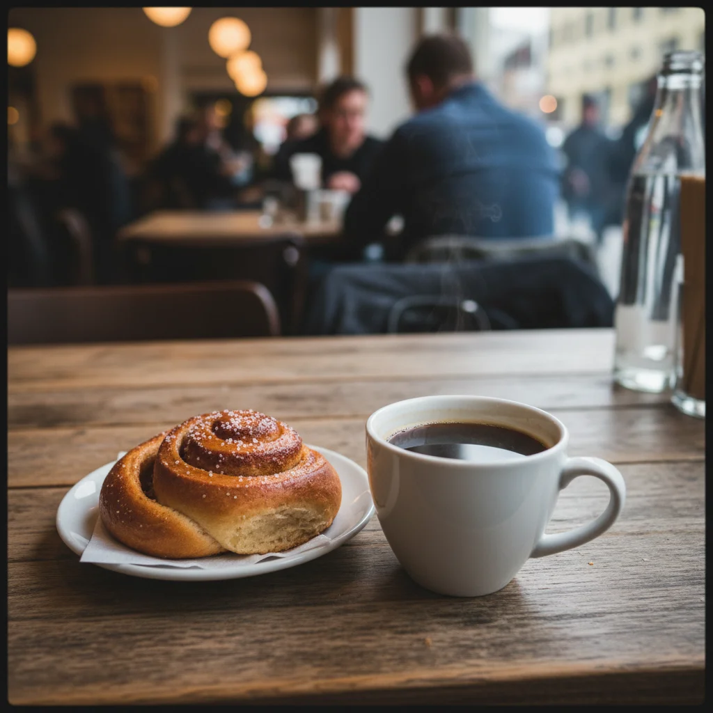 Kanelbulle (Zimtschnecke) und Kaffee auf einem Holztisch in einem Göteborger Café