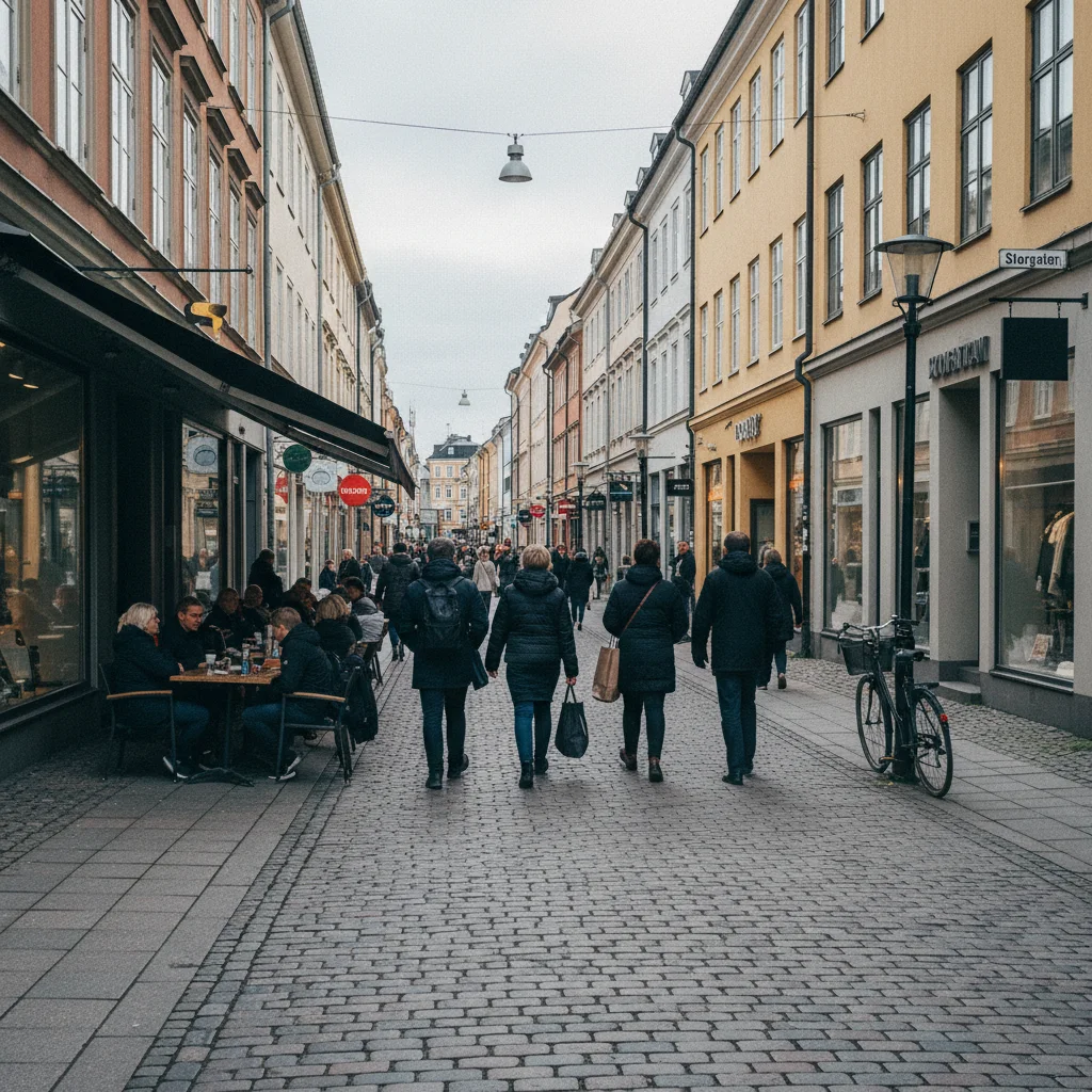 Fußgängerzone Storgatan in Halmstad mit Geschäften und Cafés