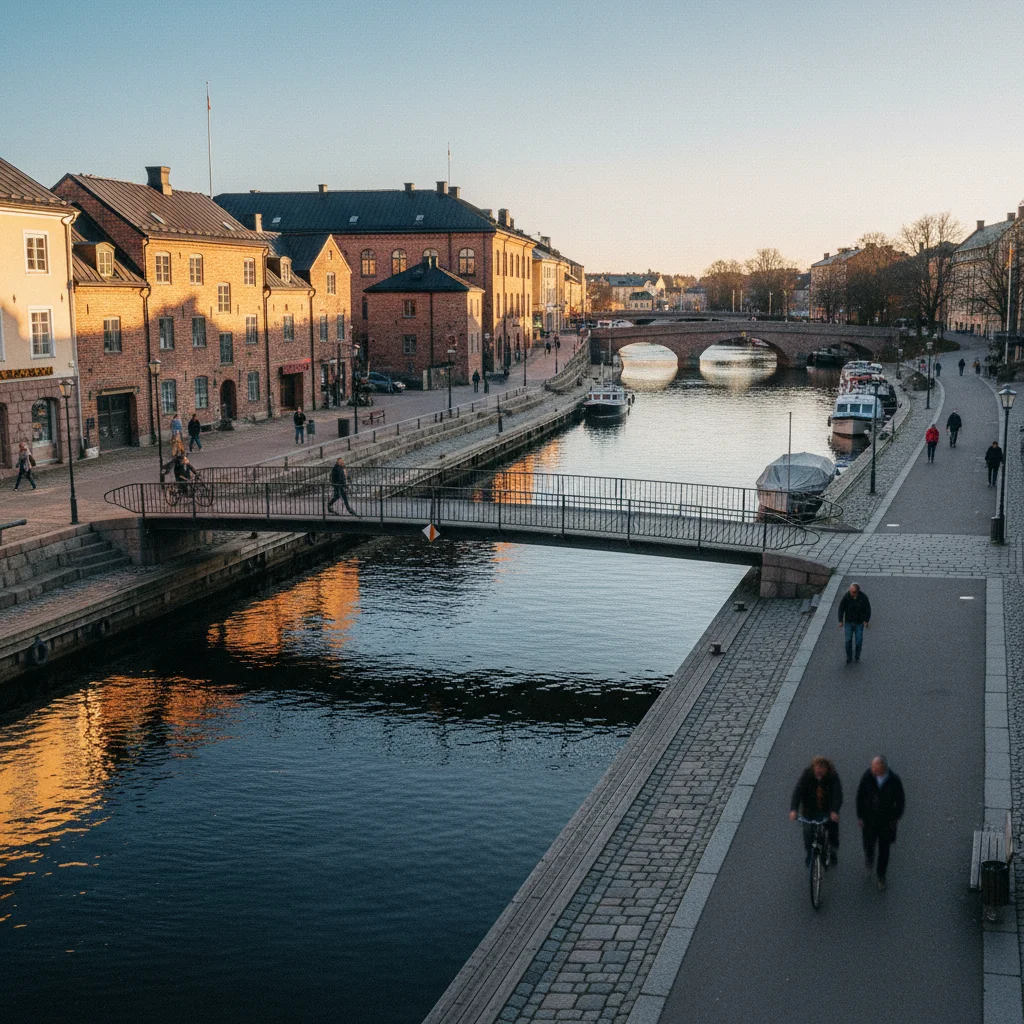 Fluss Nissan in Halmstad mit Uferwegen und Brücken