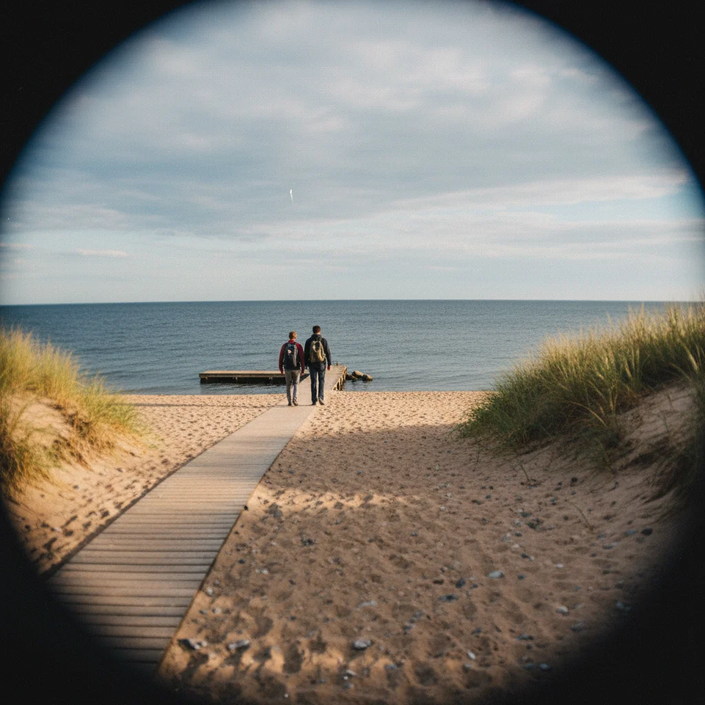 Sandstrand von Hanko mit bunten Badehaeusern