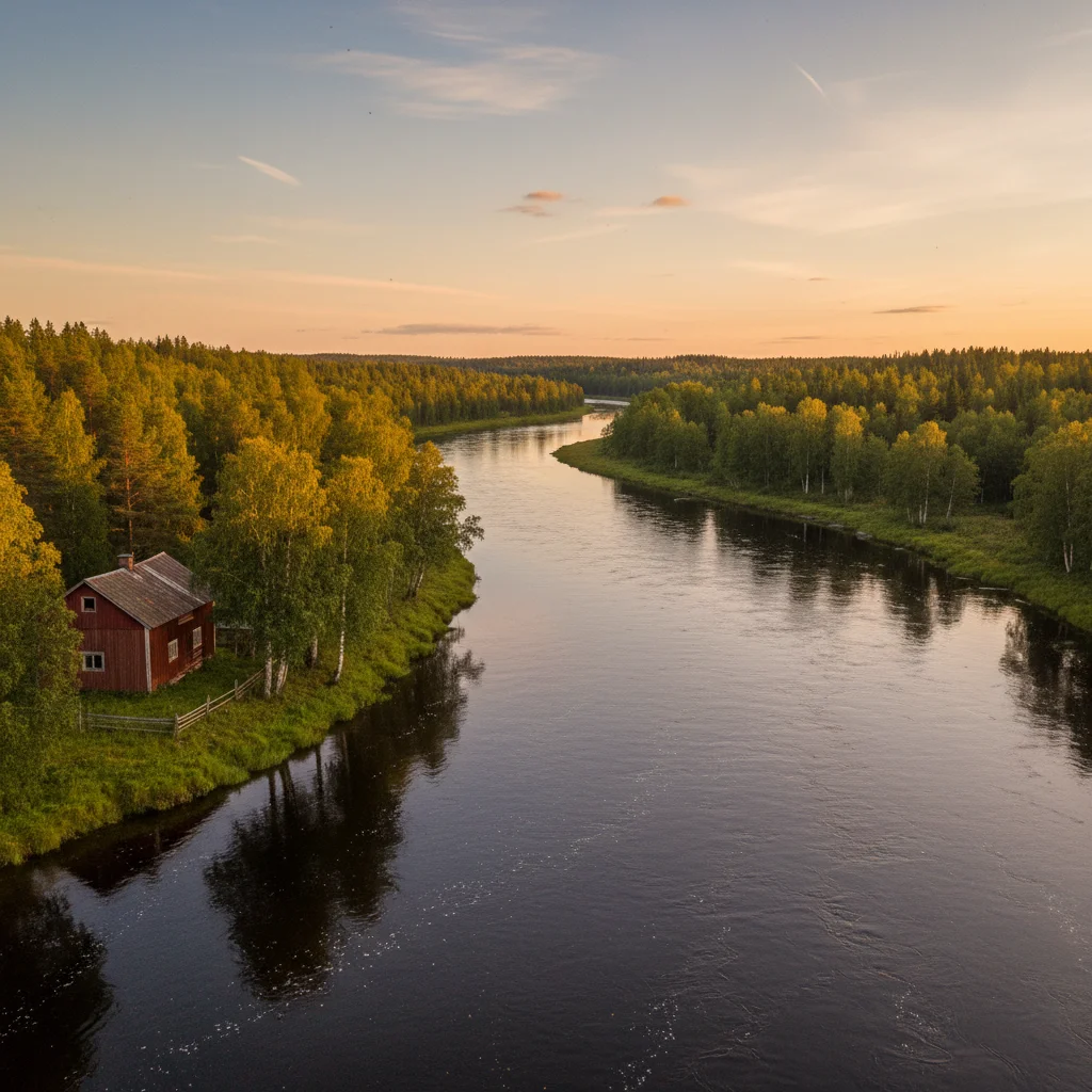 Das Tornedalen Flusstal mit dem Torneälven und grüner Landschaft