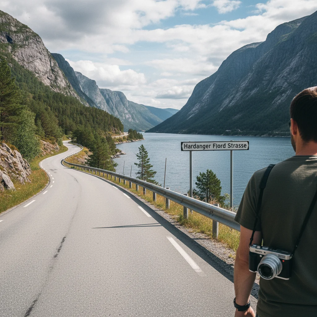 Straße am Hardangerfjord mit Blick auf das Wasser