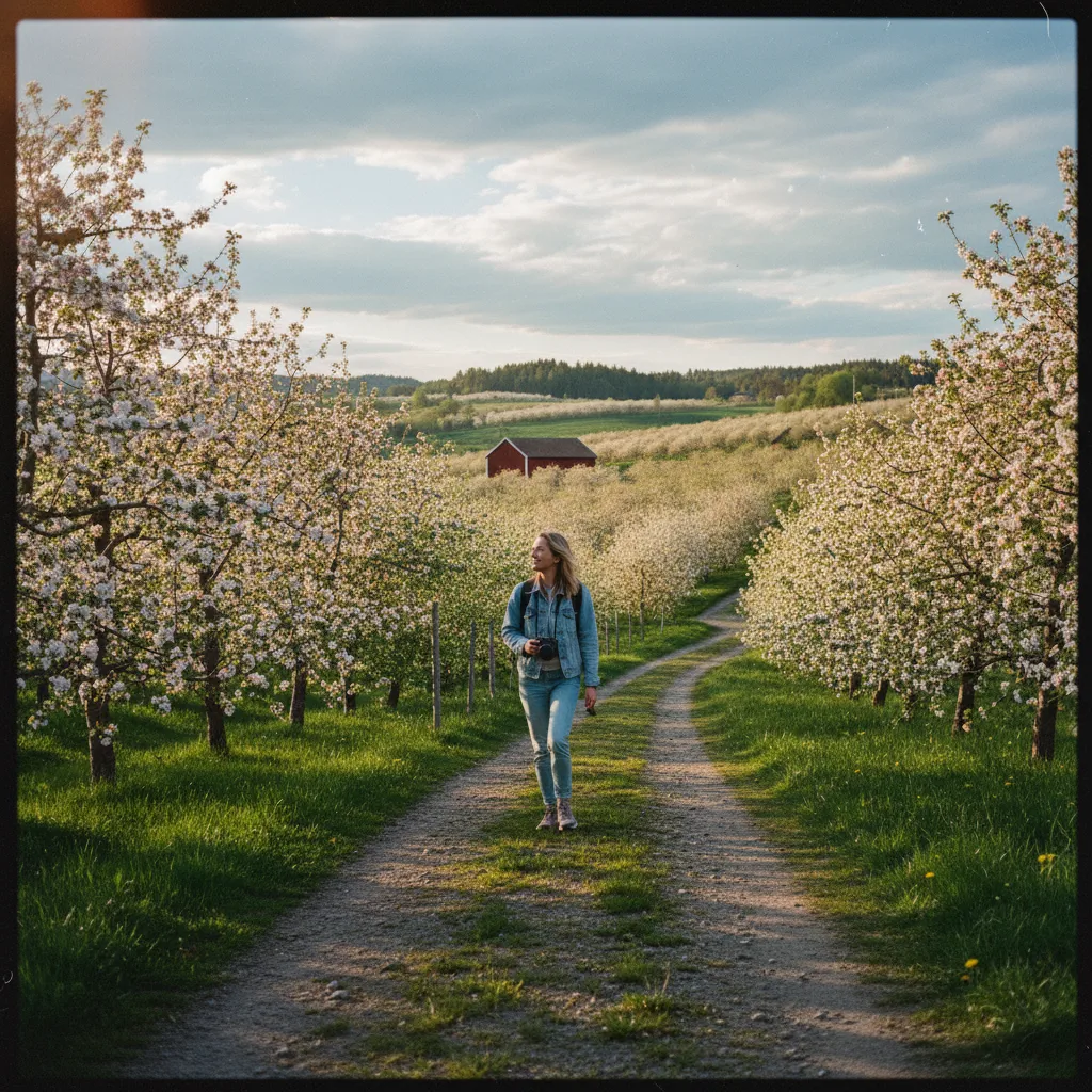 Obstblüte am Hardangerfjord mit Bergen im Hintergrund