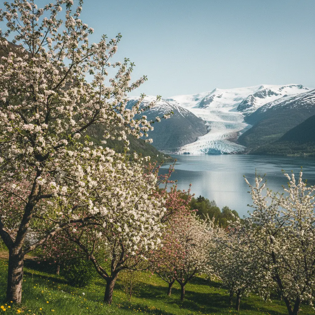 Blühende Obstbäume am Hardangerfjord mit Blick auf den Folgefonna-Gletscher