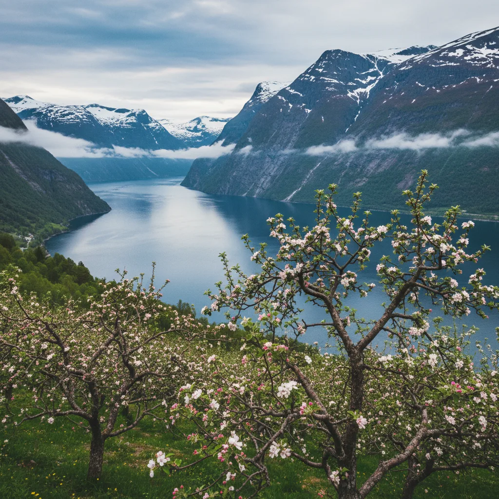 Blick über den Hardangerfjord mit Obstbäumen und Bergen