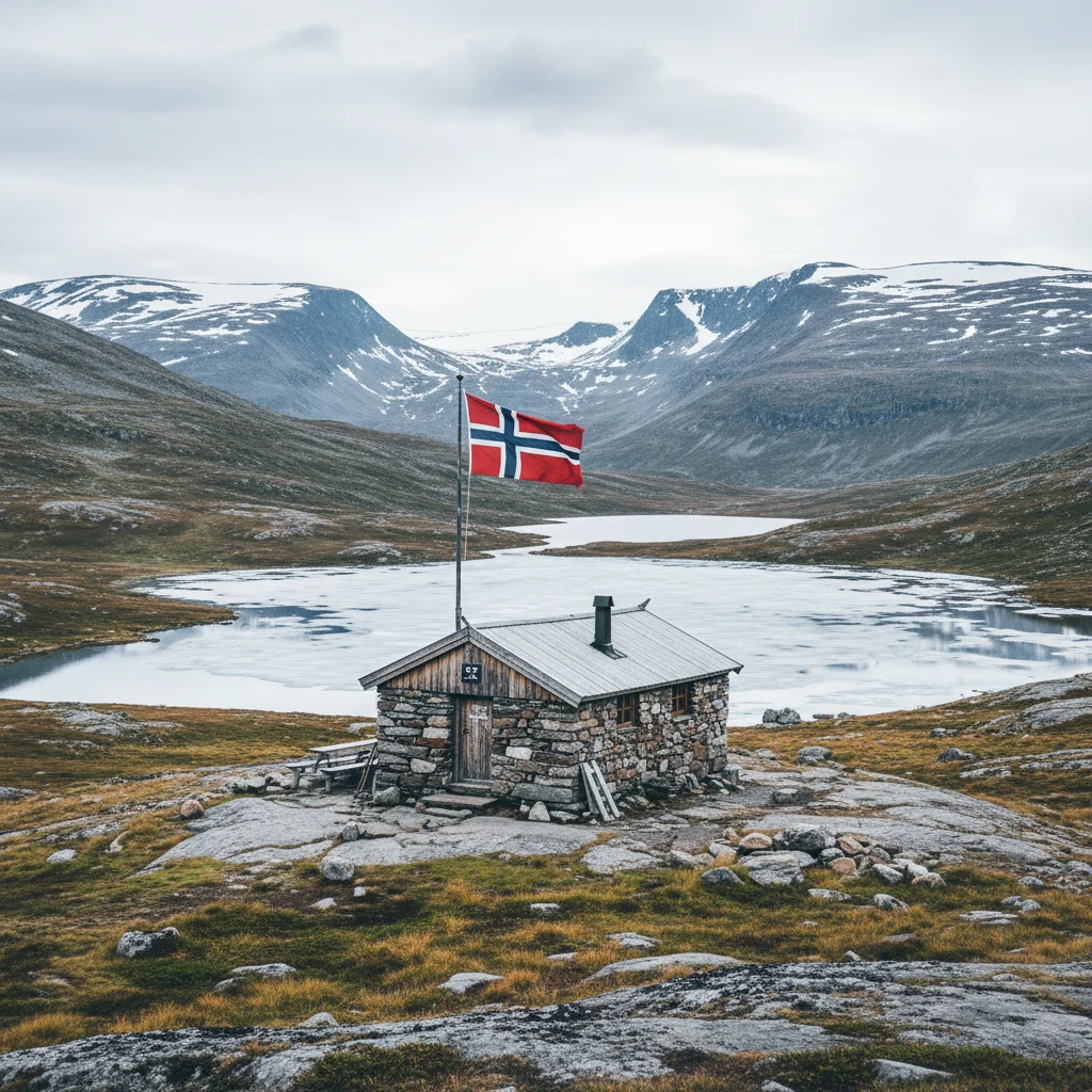 DNT-Hütte auf der Hardangervidda mit norwegischer Flagge und Bergen im Hintergrund
