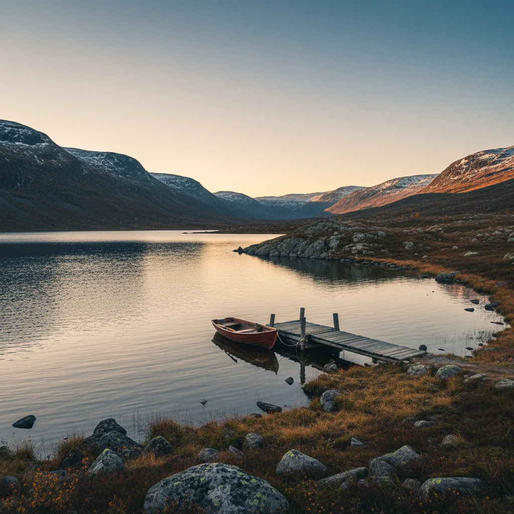 Stiller See auf der Hardangervidda im goldenen Abendlicht