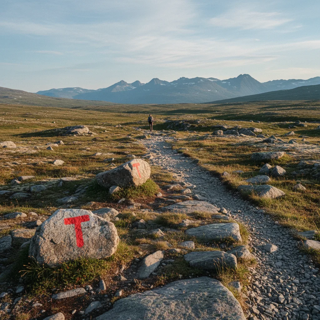 Markierter Wanderweg über die Hardangervidda mit roten T-Markierungen auf Steinen