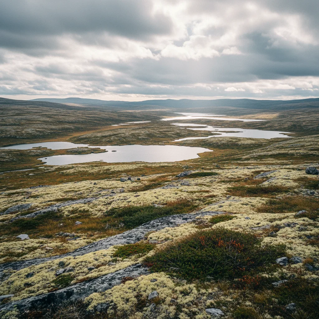 Weite Hochebene der Hardangervidda mit Seen und Flechten unter wolkenreichem Himmel
