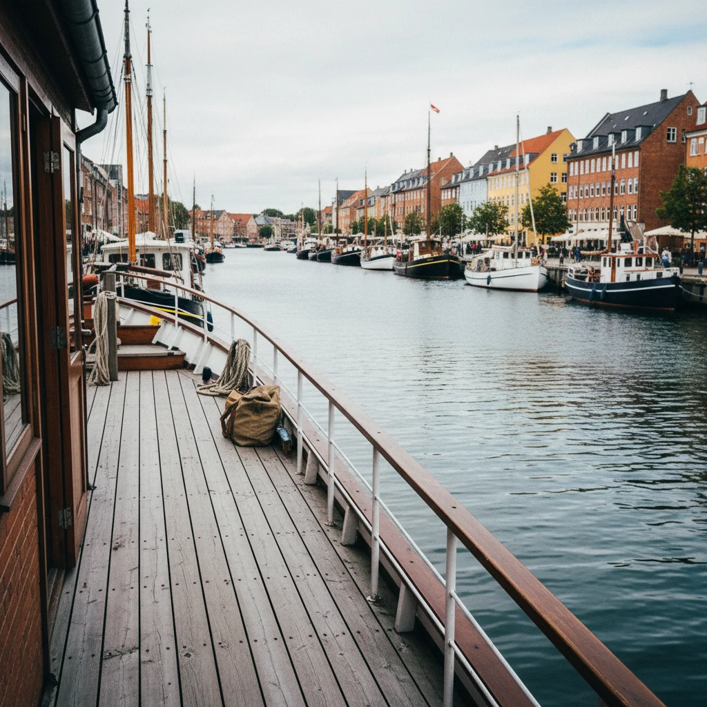 Deck eines Hausboots in Dänemark mit Blick auf den Hafen