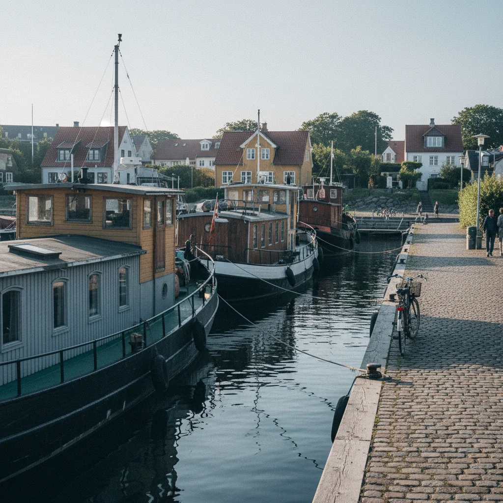 Hausboote im Hafen einer dänischen Kleinstadt