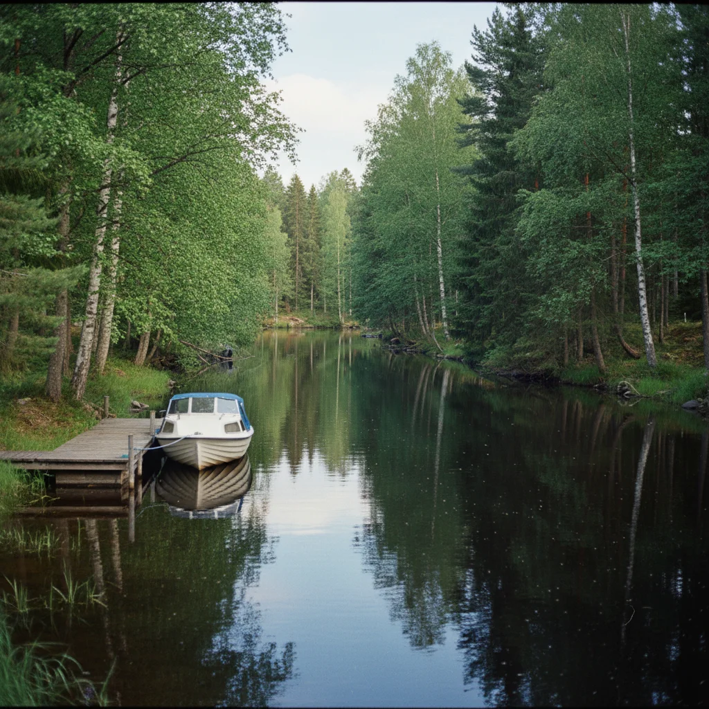 Ruhiger Dalsland-Kanal mit Wald am Ufer und einem kleinen Motorboot