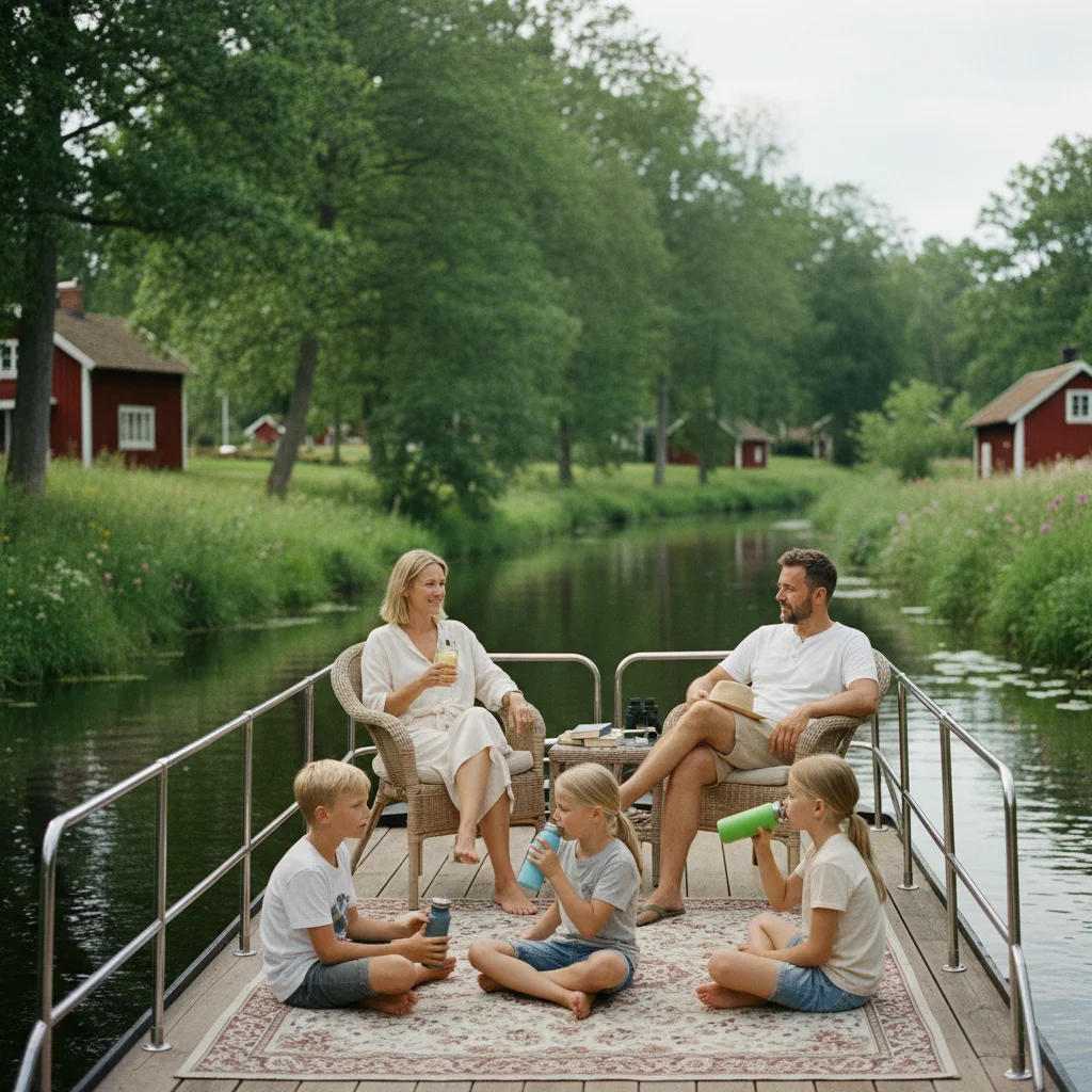Familie auf dem Deck eines Hausboots beim Frühstück auf einem schwedischen See
