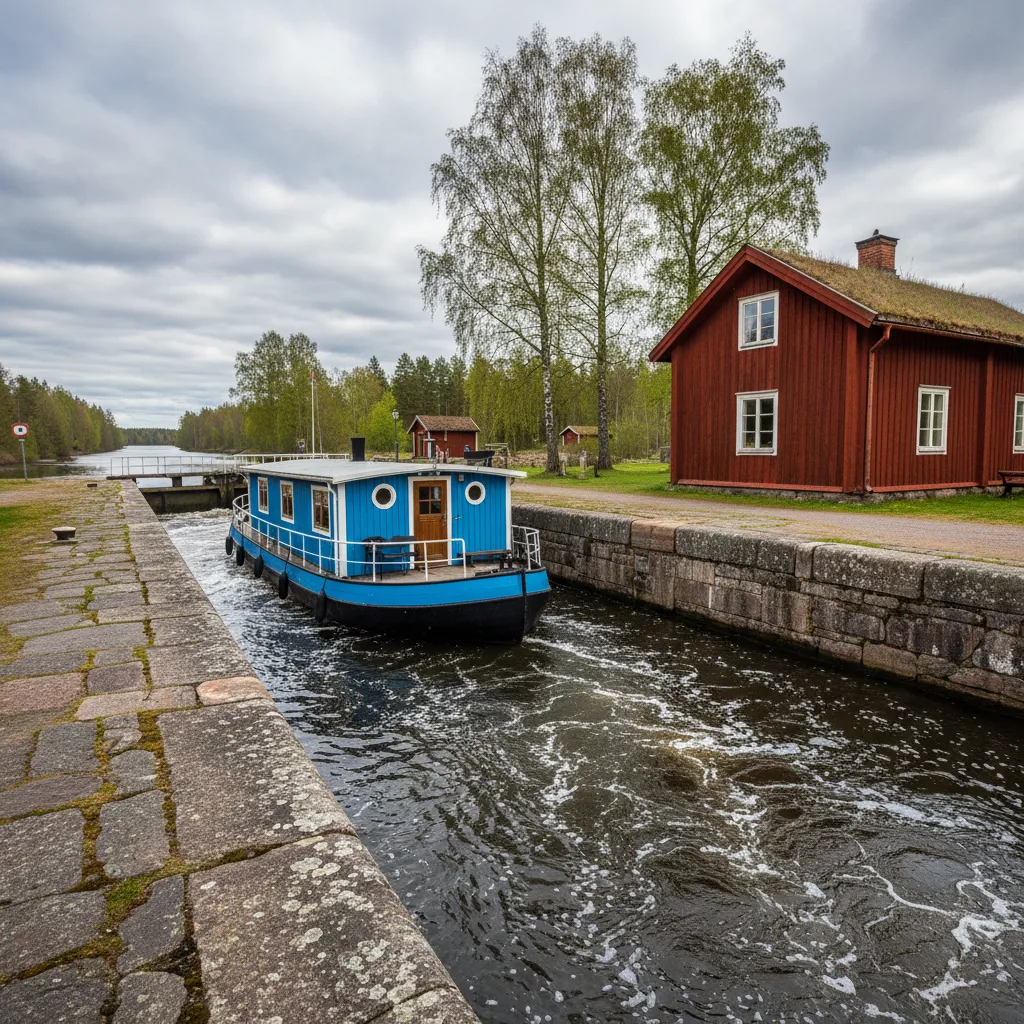Hausboot in einer Schleuse des Göta-Kanals mit historischem Schleusenwärterhaus