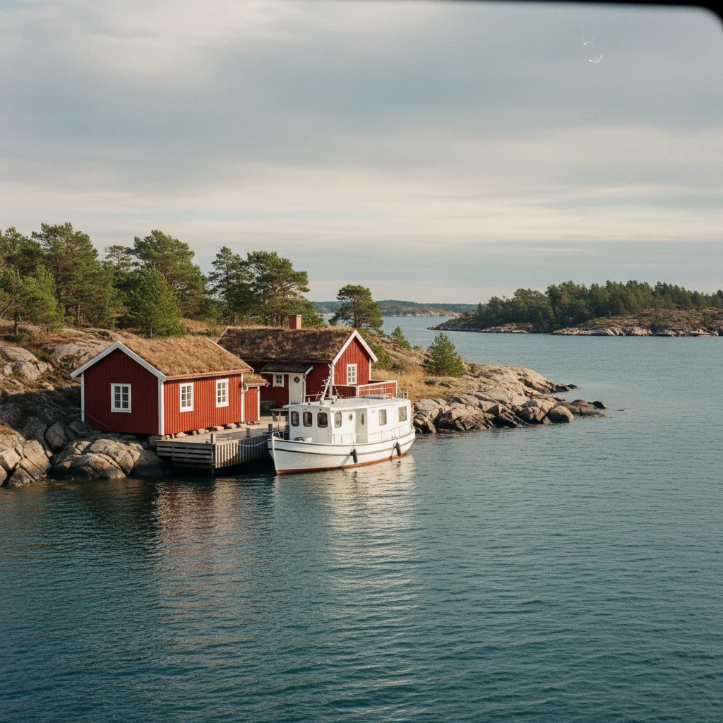 Hausboot an einem Steg in den schwedischen Schären mit roten Holzhäuschen