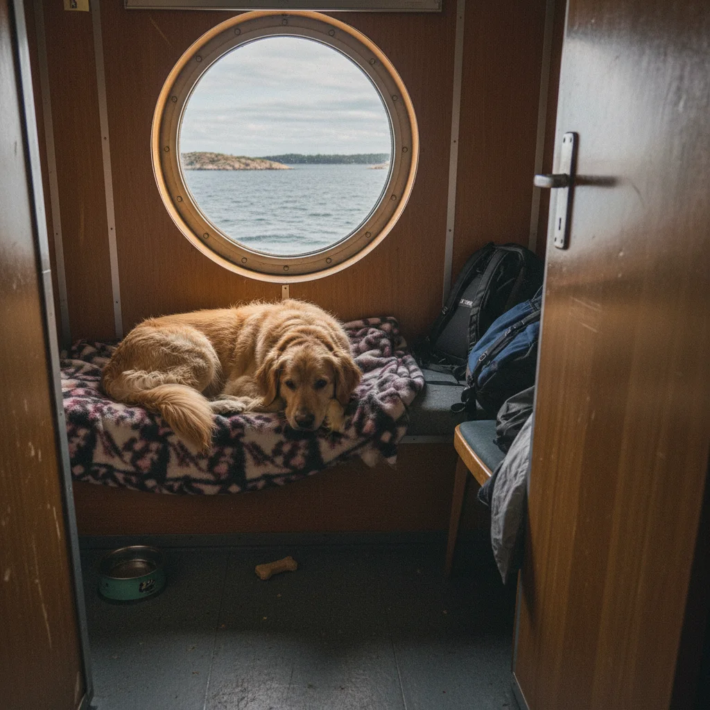 Hund in einer hundefreundlichen Fährkabine mit Blick aufs Meer
