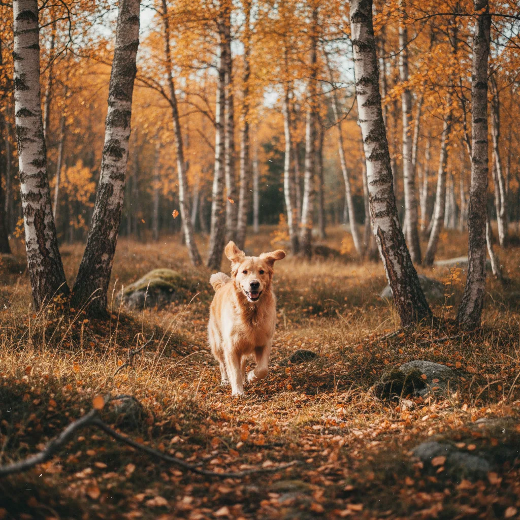 Hund läuft frei durch einen schwedischen Birkenwald im Herbst