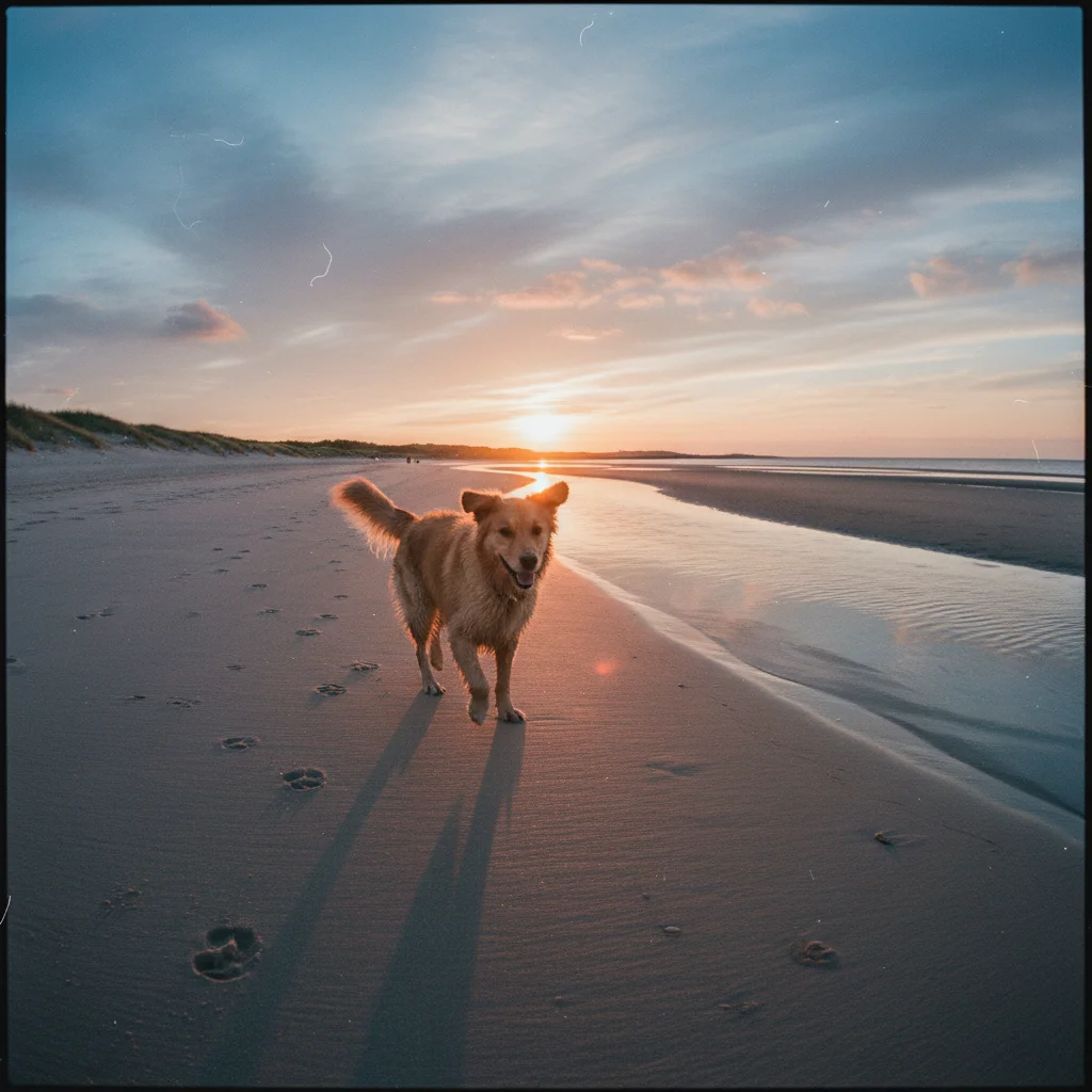Hund rennt glücklich an einem leeren schwedischen Sandstrand bei Sonnenuntergang