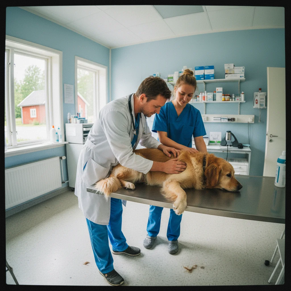 Tierarzt untersucht einen Hund in einer schwedischen Veterinärklinik
