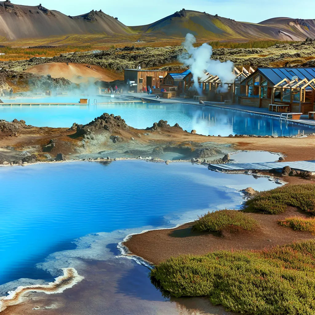 Die Mývatn Nature Baths mit dampfendem blauem Wasser und Vulkanlandschaft im Hintergrund